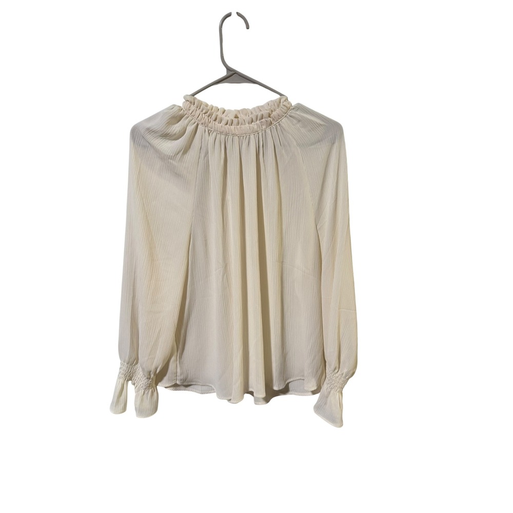 Loft‎ Size Large Petites Ivory Pleated Ruffle Neck Smocked Cuff Blouse
